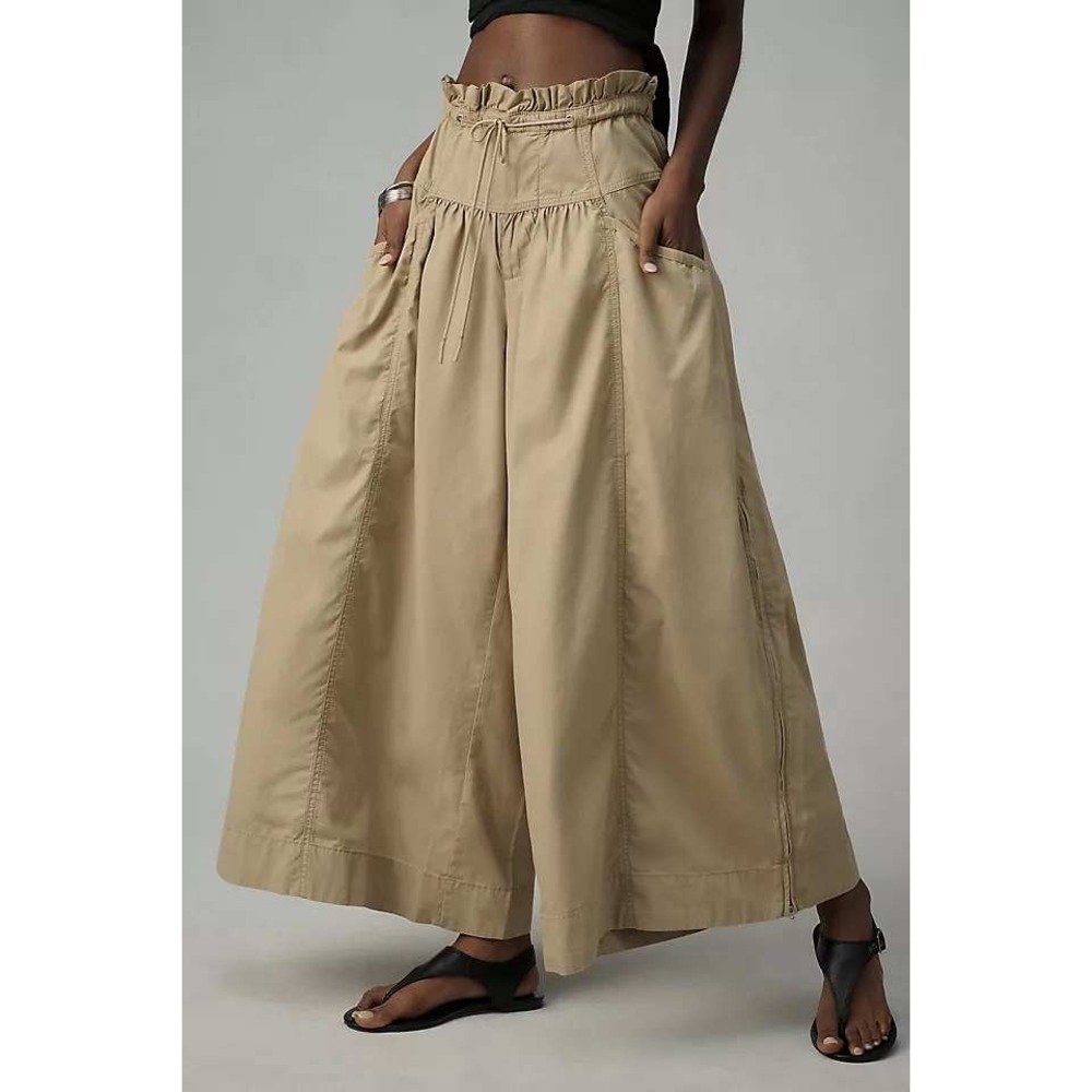Anthropologie Volume Wide Leg Pants Women Large Tan Paperbag Waist Oversized